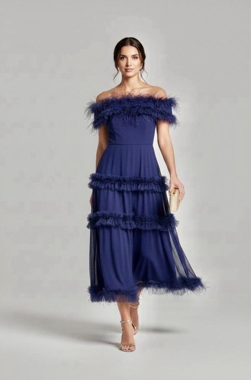 Shani Navy Blue Feather Tiered Ruffled Off The Shoulder Midi Dress Sz 12 NWT